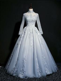 Picture of Pretty Grey A-line Long Sleeves with Lace Party Gown, Sweet 16 Dresses
